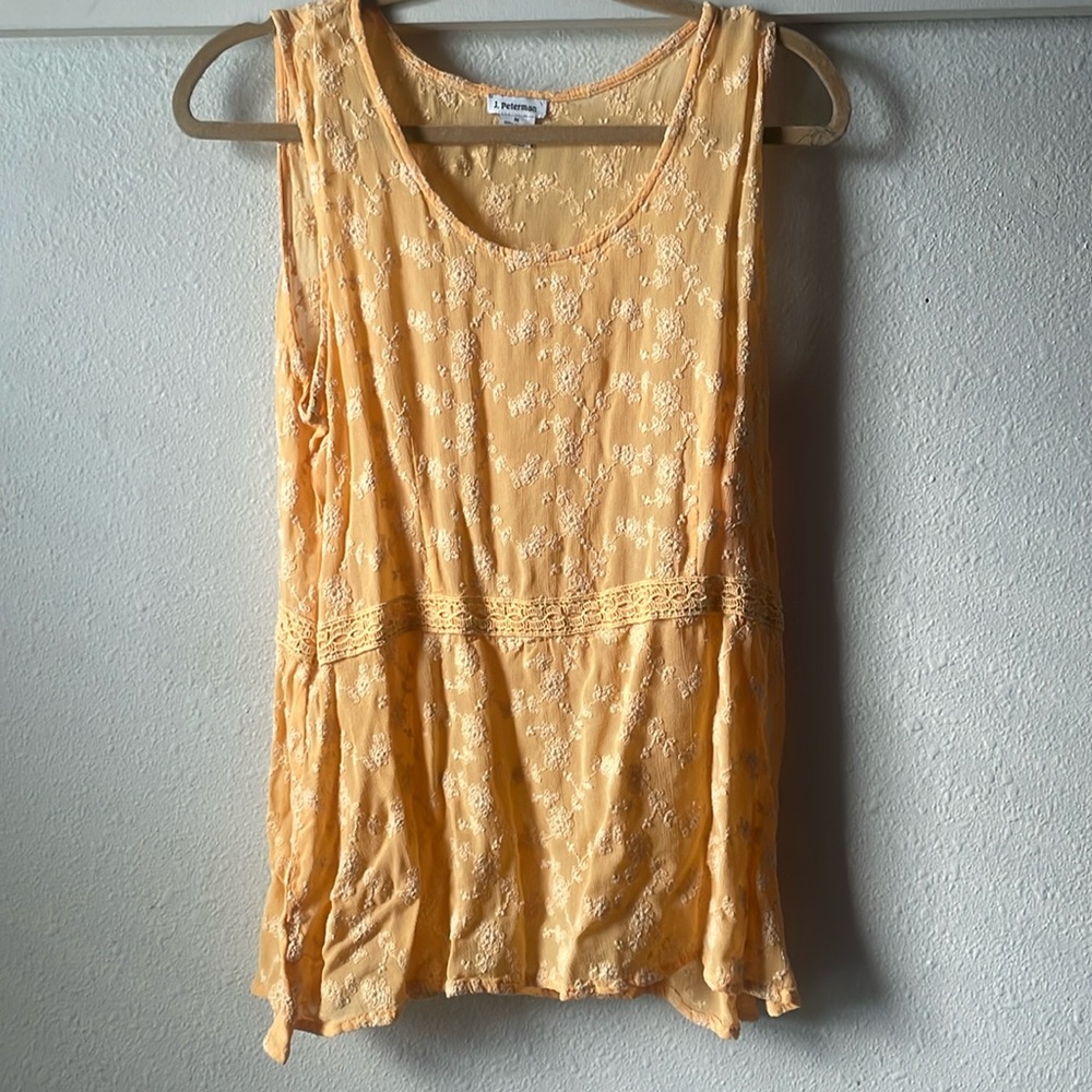 Vintage J. Peterman yellow sheer sleeveless lace flowy tunic blouse